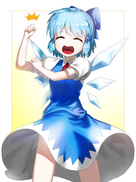 Anime picture 877x1167 with touhou cirno kfr single tall image short hair open mouth blue hair eyes closed teeth fang (fangs) ^ ^ girl dress bow hair bow wings fist