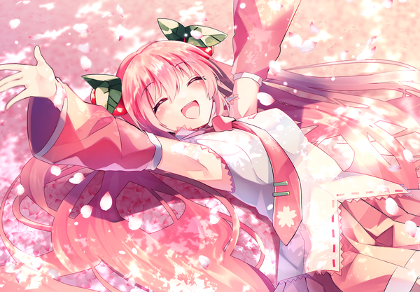 Anime picture 2455x1706 with vocaloid hatsune miku sakura miku mani (second-dimension) single long hair fringe highres open mouth hair between eyes twintails pink hair outdoors lying eyes closed on back happy spread arms ^ ^ ^o^