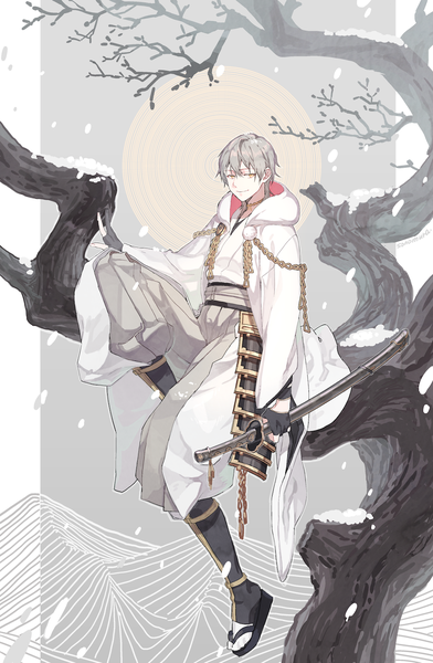 Anime picture 1000x1529 with touken ranbu nitroplus tsurumaru kuninaga sonomura single tall image fringe short hair smile sitting holding looking away full body traditional clothes japanese clothes fingernails grey hair grey eyes snowing winter