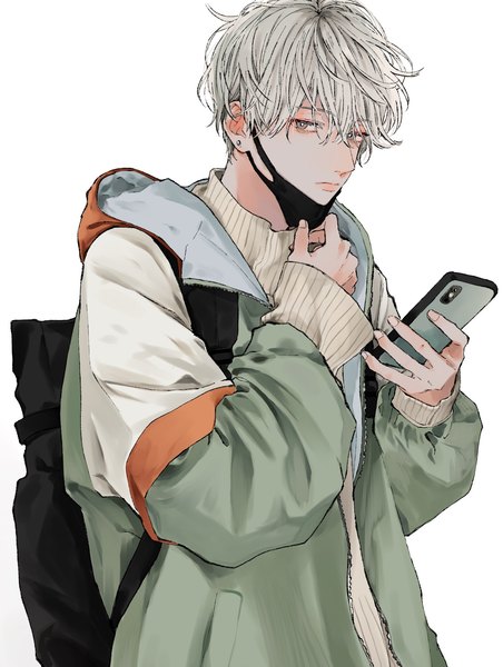Anime picture 1379x1829 with original snnniki single tall image looking at viewer short hair simple background white background silver hair upper body long sleeves open jacket grey eyes piercing sleeves past wrists ear piercing mask pull boy jacket mobile phone