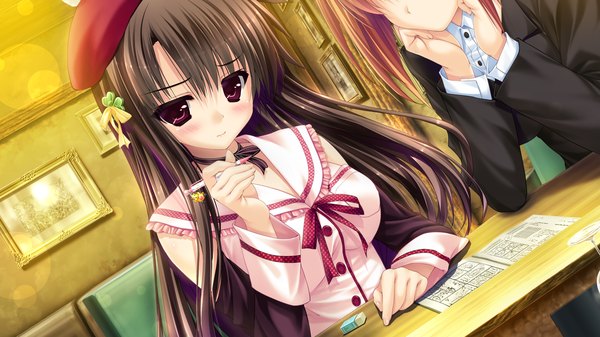 Anime picture 2560x1440 with prism recollection kugayama konoka shintarou long hair highres short hair brown hair wide image purple eyes multiple girls game cg girl uniform hair ornament ribbon (ribbons) 2 girls hair ribbon school uniform paper pen