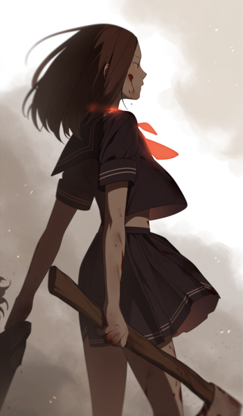 Anime picture 1028x1757 with original e7 (runaway162) single long hair tall image brown hair standing holding brown eyes looking away profile pleated skirt bare legs midriff floating hair glowing smoke blood on face bloody weapon girl