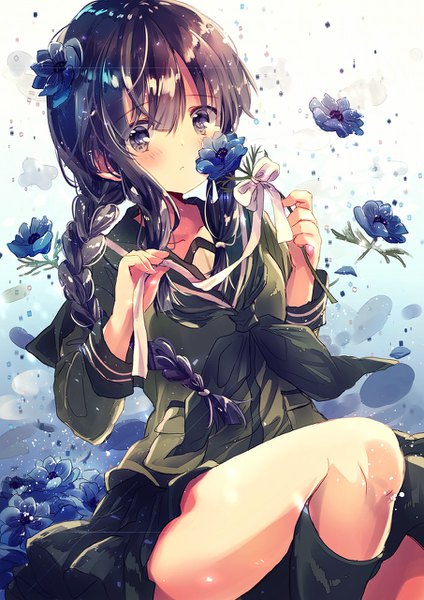 Anime picture 905x1280 with kantai collection kitakami light cruiser nanahamu single long hair tall image looking at viewer blush black hair braid (braids) hair flower black eyes single braid girl uniform flower (flowers) bow petals socks serafuku