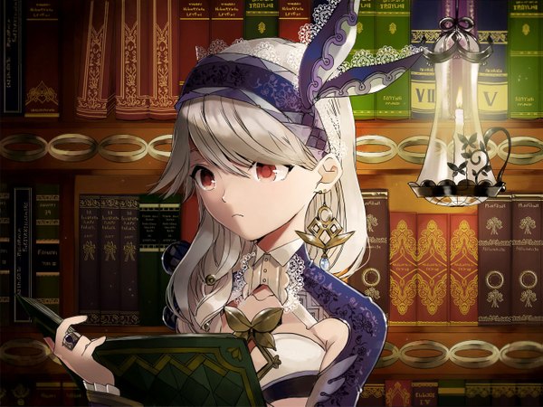Anime picture 1375x1033 with original kimijima0301 single long hair fringe red eyes white hair light close-up glow reading girl earrings book (books) insect butterfly ring fire lantern shelf