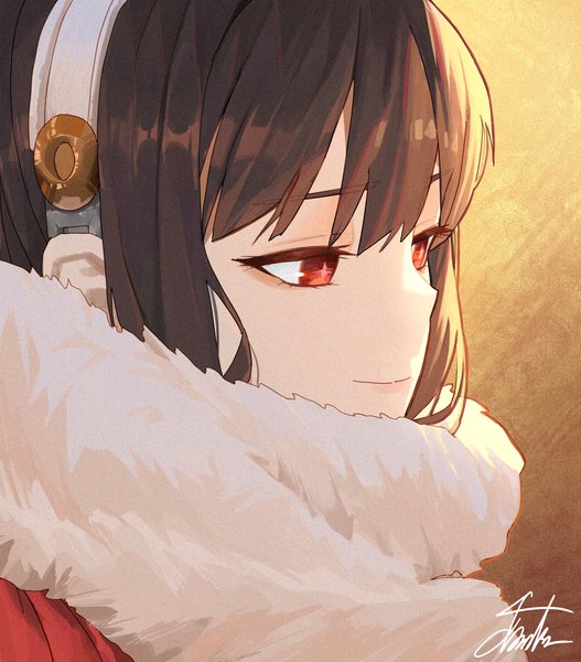 Anime picture 2709x3082 with spy x family yor briar chanism! single long hair tall image fringe highres black hair simple background smile hair between eyes red eyes looking away upper body girl scarf headband