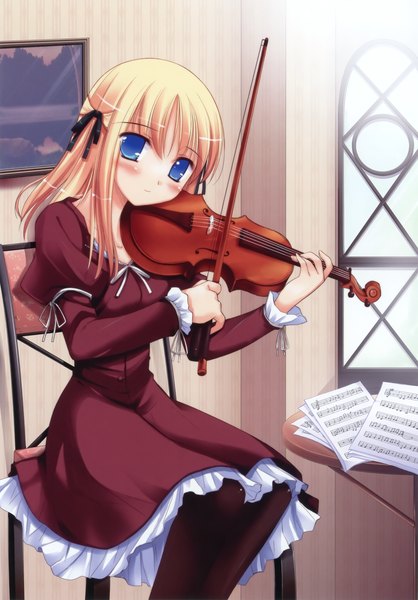 Anime picture 2175x3118 with ko~cha tall image blush highres blue eyes blonde hair sitting girl chair musical instrument violin bow (instrument)