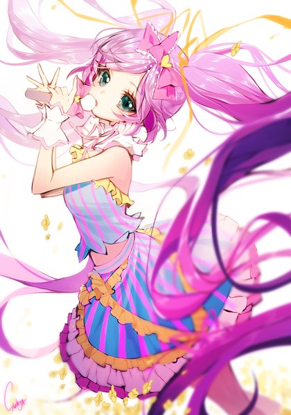 Anime picture 700x1000 with puri para pretty (series) manaka lala sorolp single tall image looking at viewer open mouth standing twintails bare shoulders green eyes pink hair very long hair frilly skirt singing girl skirt ribbon (ribbons) hair ribbon