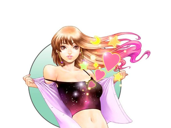 Anime picture 1280x960 with yamashita shunya long hair simple background brown hair white background brown eyes crescent starry sky print double exposure girl earrings heart star (symbol) star (stars)
