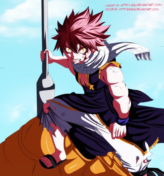 Anime picture 1072x1150 with fairy tail natsu dragneel eikens single tall image short hair yellow eyes pink hair sky cloud (clouds) sleeveless grin torn clothes coloring muscle angry boy scarf blood wristlet