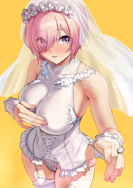 Anime picture 2150x3035 with fate (series) fate/grand order mash kyrielight solar (happymonk) single tall image looking at viewer blush fringe highres short hair breasts open mouth light erotic simple background large breasts standing purple eyes pink hair hair over one eye