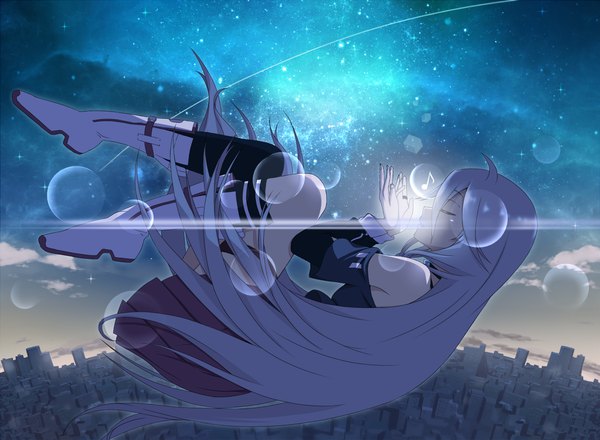 Anime picture 1065x782 with vocaloid ia (vocaloid) ohiya single bare shoulders sky silver hair cloud (clouds) full body ahoge bent knee (knees) eyes closed very long hair profile pleated skirt night sparkle night sky lens flare city