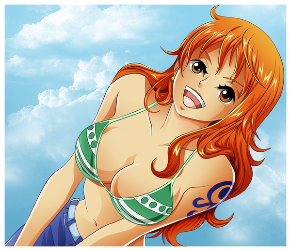 Anime picture 1024x887 with one piece toei animation nami (one piece) milopanic (artist) single long hair breasts open mouth light erotic smile large breasts sky cloud (clouds) orange hair orange eyes tattoo coloring girl navel earrings