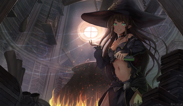 Anime picture 2047x1196 with original yu ni t single long hair looking at viewer blush fringe highres breasts smile hair between eyes brown hair wide image bare shoulders holding green eyes signed indoors parted lips pointy ears