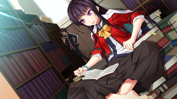 Anime picture 1280x720 with ryuusei no arcadia long hair black hair wide image purple eyes game cg girl boy skirt uniform school uniform book (books) shelf bookshelf