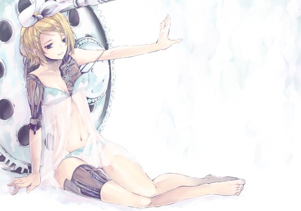 Anime picture 1280x900 with vocaloid kagamine rin mayumelo single looking at viewer short hair blue eyes light erotic simple background blonde hair smile white background sitting bare shoulders barefoot sunlight girl hair ornament underwear panties
