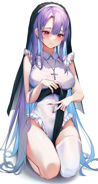 Anime picture 803x1500 with original refla single long hair tall image fringe breasts light erotic simple background hair between eyes red eyes large breasts white background sitting blue hair purple hair bent knee (knees) blunt bangs nail polish head tilt