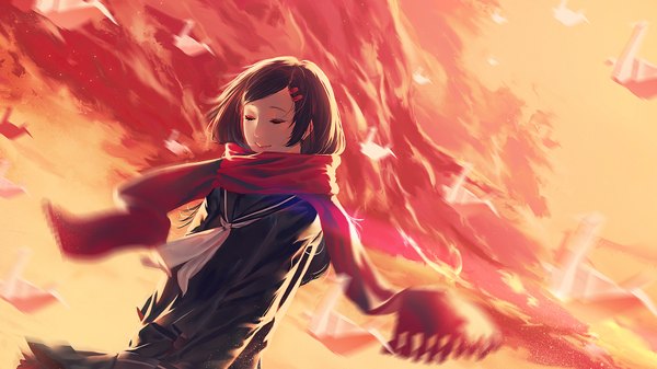 Anime picture 1920x1080 with kagerou project shaft (studio) tateyama ayano karasu-san (syh3iua83) single long hair highres brown hair wide image standing sky cloud (clouds) eyes closed light smile wind blurry evening sunset girl skirt
