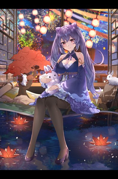Anime picture 1240x1877 with genshin impact keqing (genshin impact) chahei single long hair tall image looking at viewer fringe breasts smile hair between eyes sitting twintails bare shoulders holding purple hair braid (braids) pink eyes night wide sleeves