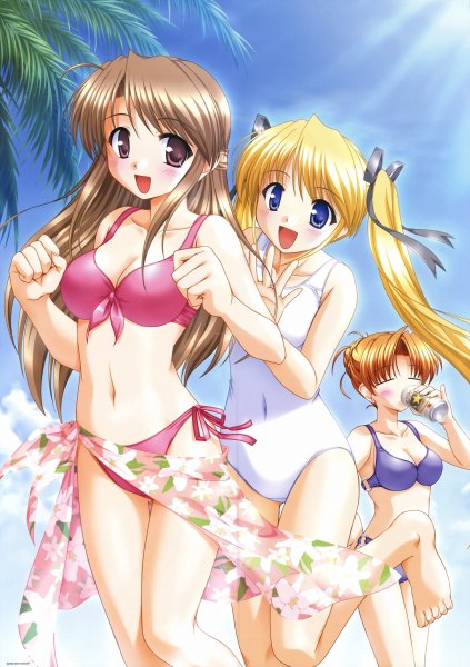 Anime picture 1692x2400 with hanihani: operation sanctuary sapporo (beer) shibugaki matsuri fujieda honami nishina kyouko bekkankou long hair tall image blue eyes light erotic blonde hair brown hair twintails multiple girls brown eyes beach half updo girl ribbon (ribbons) swimsuit