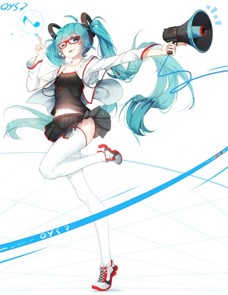 Anime picture 1200x1555 with vocaloid hatsune miku qys3 single long hair tall image looking at viewer blush fringe simple background hair between eyes standing white background twintails holding signed full body ahoge pleated skirt one eye closed