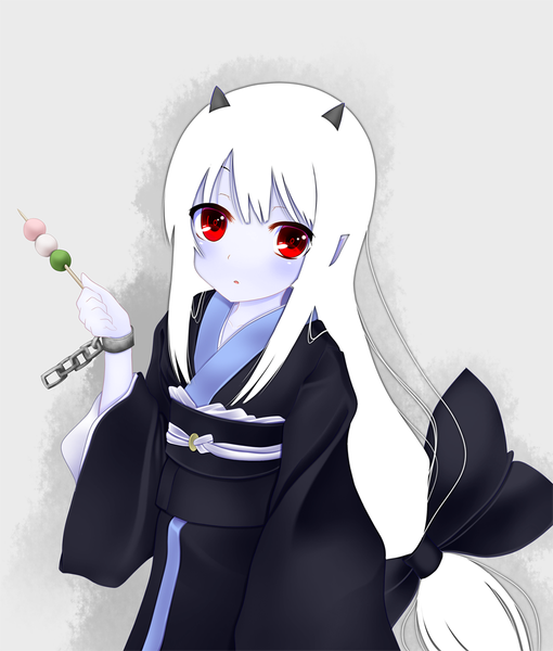 Anime picture 1020x1200 with original kiyomin single long hair tall image red eyes white hair japanese clothes horn (horns) oni horns girl bow hair bow food sweets kimono chain shackles wagashi dango