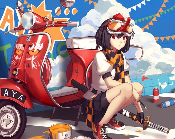 Anime picture 2000x1589 with touhou shameimaru aya liuli (llc) single looking at viewer highres short hair black hair red eyes sitting sky cloud (clouds) bent knee (knees) pleated skirt squat bandaid on face graffiti checkered scarf girl skirt