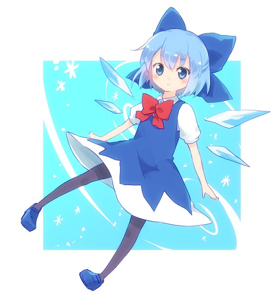 Anime picture 1400x1500 with touhou cirno ayakashi (monkeypanch) single tall image looking at viewer fringe short hair blue eyes smile blue hair full body border spread arms outside border girl dress bow hair bow pantyhose