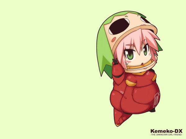 Anime picture 1600x1200 with kemeko deluxe! m.m.(kemeko deluxe) single blush short hair open mouth simple background green eyes pink hair chibi girl