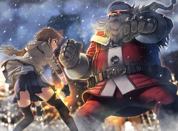 Anime picture 1500x1108 with original santa claus itou (onsoku tassha) short hair blue eyes red eyes brown hair blurry depth of field torn clothes glowing snowing christmas glowing eye (eyes) city lights battle 2014 girl thighhighs boy