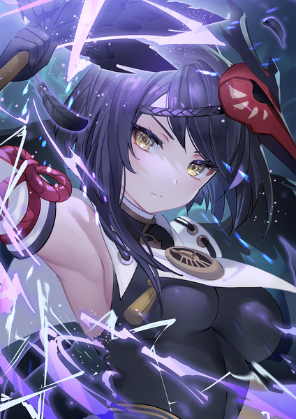 Anime picture 1414x2000 with genshin impact kujou sara noir eku single tall image looking at viewer fringe short hair black hair yellow eyes upper body armpit (armpits) mask on head electricity girl feather (feathers) mask fan hauchiwa