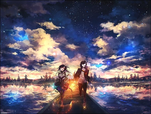 Anime picture 1275x960 with vampire kisses raven (vk) alexander sterling kazuaki chrisnoth-penigas long hair looking at viewer highres short hair open mouth black hair red eyes wide image sky cloud (clouds) full body night open clothes open jacket night sky