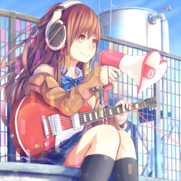 Anime picture 1500x1500 with original dararito single long hair red eyes brown hair sitting girl uniform school uniform socks headphones black socks guitar megaphone