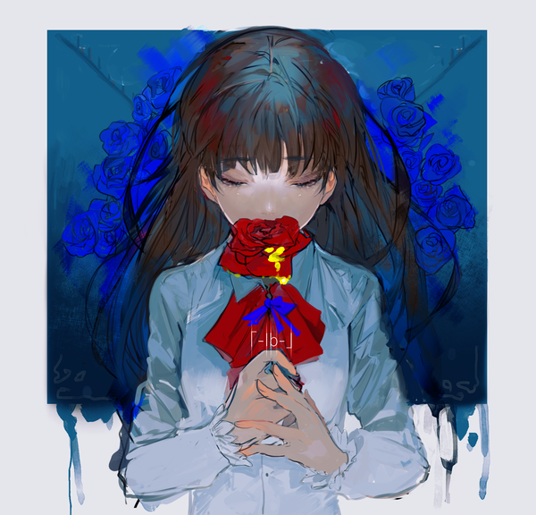 Anime picture 1876x1802 with ib (game) ib (ib) chikage (chi g0) single long hair fringe highres brown hair holding upper body blunt bangs eyes closed long sleeves copyright name border covered mouth girl flower (flowers) shirt white shirt