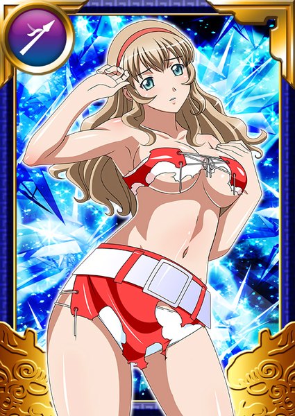 Anime picture 567x800 with ikkitousen sonken chuubou single long hair tall image looking at viewer breasts blue eyes light erotic blonde hair torn clothes card (medium) girl underwear panties lingerie bra hairband