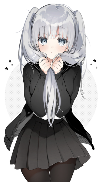 Anime picture 1038x1848 with original sino (sionori) single long hair tall image looking at viewer blush fringe breasts open mouth simple background standing white background twintails silver hair blunt bangs long sleeves pleated skirt grey background arms up