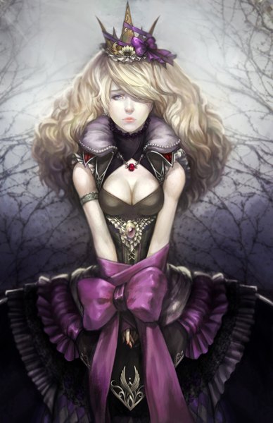 Anime picture 1000x1545 with original noa ikeda single long hair tall image looking at viewer fringe blue eyes blonde hair standing cleavage nail polish hair over one eye bondage fog tied up girl dress bow ribbon (ribbons)