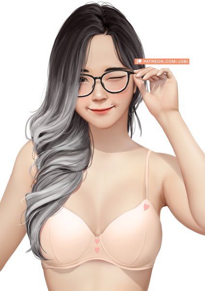 Anime picture 2480x3508 with real life adela pramestiayu (yuuchan) jubi (regiana) single tall image looking at viewer highres breasts light erotic black hair simple background white background signed one eye closed grey hair wink black eyes mole lipstick portrait