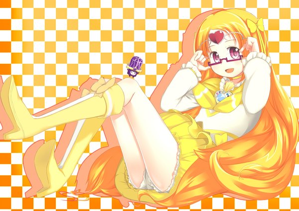 Anime picture 1683x1190 with precure suite precure toei animation shirabe ako cure muse (yellow) fairy tone dodory gigokku single long hair blonde hair red eyes checkered background girl bow glasses