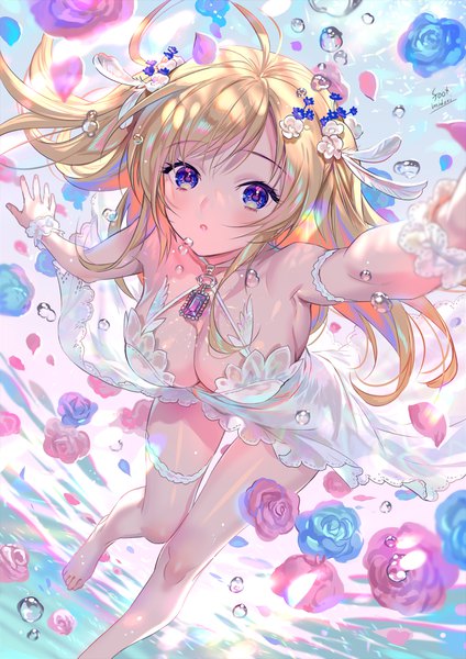 Anime picture 1018x1440 with original midori foo single long hair tall image looking at viewer fringe breasts light erotic blonde hair large breasts purple eyes cleavage ahoge parted lips barefoot hair flower from below armpit (armpits) two side up
