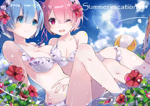 Anime picture 1637x1158 with re:zero kara hajimeru isekai seikatsu white fox rem (re:zero) ram (re:zero) kyou hotaru looking at viewer short hair breasts open mouth blue eyes light erotic large breasts bare shoulders multiple girls blue hair looking away pink hair cloud (clouds) :d one eye closed