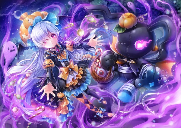 Anime picture 1684x1190 with king's raid lavril (king's raid) kempin single long hair looking at viewer blush fringe silver hair full body outdoors pink eyes hair over one eye night :o night sky glowing spread arms halloween glowing eye (eyes)
