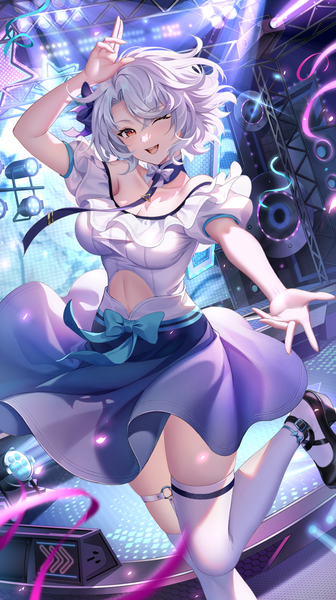 Anime picture 1238x2208 with original yue xiao e single tall image looking at viewer fringe short hair breasts open mouth smile hair between eyes red eyes large breasts standing cleavage silver hair bent knee (knees) one eye closed arm up wink