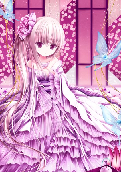 Anime picture 2478x3507 with yy (artist) single long hair tall image looking at viewer highres purple eyes bare shoulders purple hair ponytail loli side ponytail girl dress hair ornament window insect butterfly