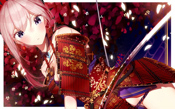 Anime picture 1920x1200 with fate (series) fate/grand order miyamoto musashi (fate) atha (leejuiping) single looking at viewer blush fringe highres short hair light erotic hair between eyes purple eyes pink hair cleavage traditional clothes parted lips japanese clothes floral print framed