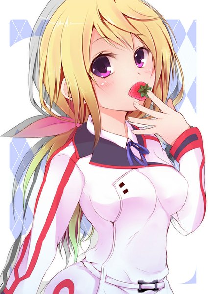 Anime picture 724x1023 with infinite stratos 8bit charles dunois suitenjh single long hair tall image looking at viewer blush blonde hair purple eyes girl uniform school uniform food berry (berries) strawberry