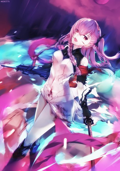 Anime picture 1750x2500 with girls frontline negev (girls' frontline) nekoya (liu) single long hair tall image looking at viewer fringe highres breasts open mouth light erotic smile hair between eyes red eyes holding signed pink hair braid (braids) :d