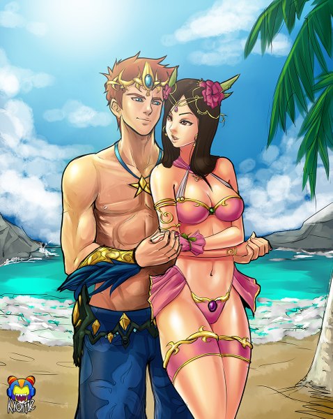Anime picture 957x1200 with kyoffie12 long hair tall image short hair breasts blue eyes light erotic black hair brown hair brown eyes girl boy navel hair ornament earrings arabian clothes