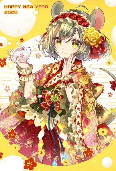 Anime picture 676x1000 with original shione (memento forest) single tall image short hair smile animal ears yellow eyes ahoge tail animal tail grey hair floral print new year happy new year 2020 egasumi mouse ears mouse tail mouse girl