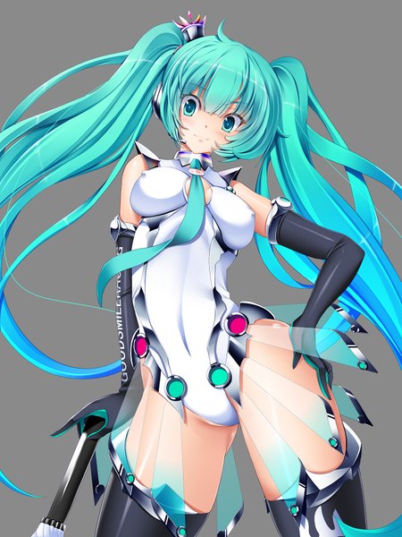 イラスト 1200x1600 と ボーカロイド vocaloid append 初音ミク 初音ミクappend torisan ソロ 長髪 長身像 カメラ目線 赤面 おっぱい light erotic simple background 笑顔 青い髪 multicolored hair aqua eyes aqua hair grey background erect nipples