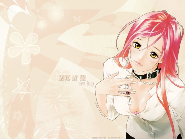 Anime picture 1600x1200 with rosario+vampire akashiya moka single long hair looking at viewer fringe hair between eyes standing yellow eyes red hair girl shirt white shirt collar